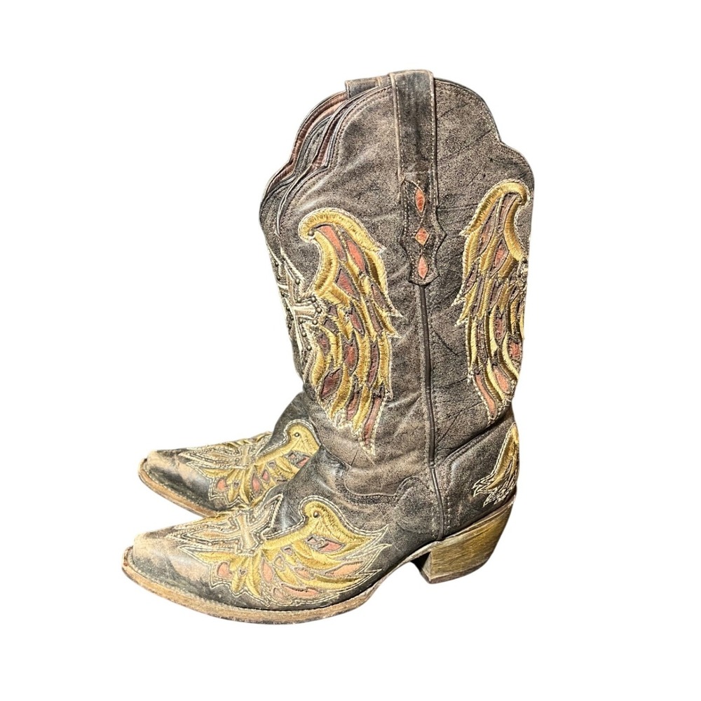 Denver Boots Cowboy Boots Womens 8.5 Brown Angel Wings Cross Distressed
